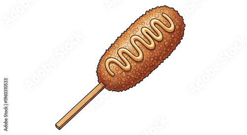 Corn dog with mustard drizzle on white background