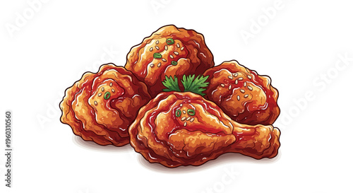 Crispy Fried Chicken Pieces with Glaze and Parsley Garnish