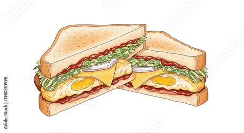 Delicious Breakfast Sandwich with Fried Egg and Cheese on White Bread