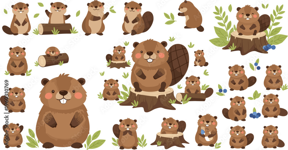 Fototapeta premium Cute beaver cartoon vector set with forest animals sitting standing wood logs and nature elements colorful illustration isolated on white background