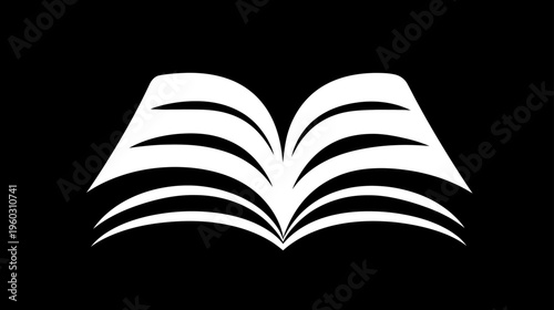 White open book icon on black background, symbol of education, knowledge, reading, learning, literature, and study