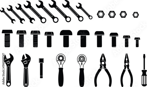 Black vector icon set of mechanical hand tools featuring wrenches pliers screwdrivers bolts and nuts for industrial repair and automotive maintenance