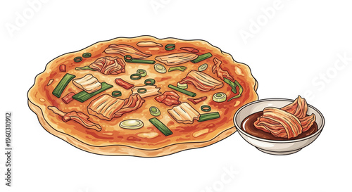 Kimchi Pizza with Pork Belly and Dipping Sauce, Korean Fusion Food Illustration