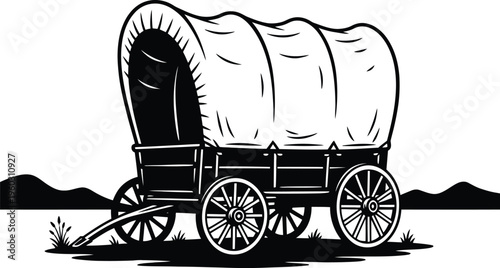 Black and white vector illustration of a vintage covered wagon western pioneer carriage for frontier history travel and rustic wilderness landscaping