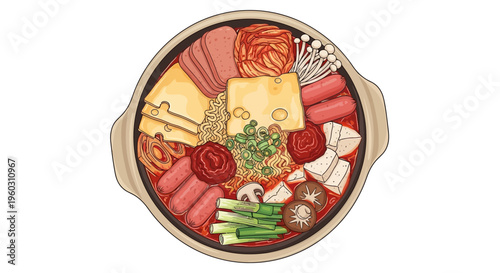 Korean Budae Jjigae Hot Pot with Sausage, Spam, Kimchi, Vegetables, and Cheese