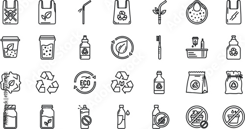Zero Waste and Eco Lifestyle Line Icon Set with Reusable Bags, Bottles, Recycling, Sustainable Products, Plastic Free Concept, and Environmental Protection Vector Collection