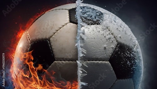 Dynamic soccer ball split in half one side engulfed in intense fiery flames and heat the other side frozen with frost and ice representing extreme contrasting elements