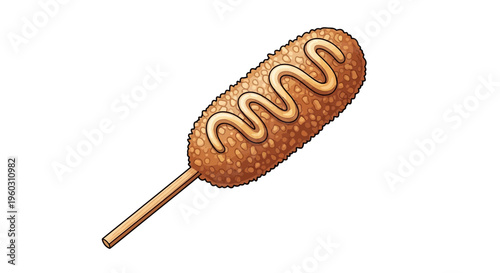 Korean Corn Dog with Mustard Drizzle on White Background