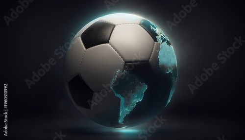 Global soccer sphere fusion iconic black and white football merged with earth globe continents showcasing south america in vivid blue light against dark moody background