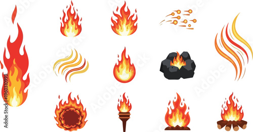 Diverse collection of fire and flame illustrations and icons for various design needs