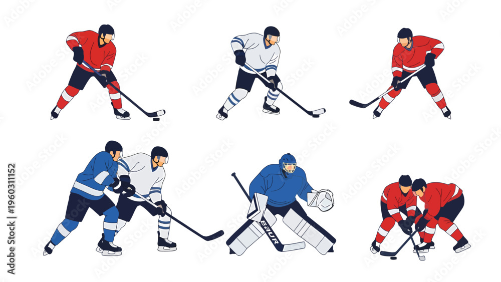 Fototapeta premium Ice Hockey Players Vector Set. Flat illustrations of athletes in various game poses including skaters, goalie, and action scenes.