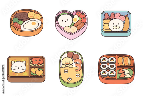 Prettyly decorated lunch boxes. Animal shapes and various foods. Cute character with a round face, featuring a design and geometric shape.