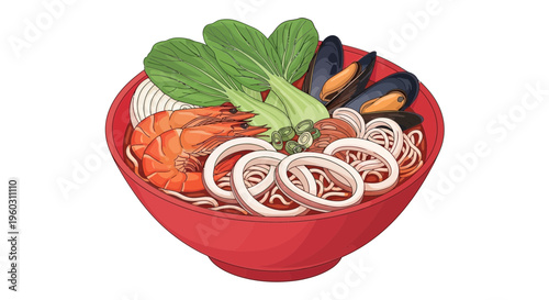 Seafood noodle soup with shrimp, squid, mussels and bok choy in red bowl