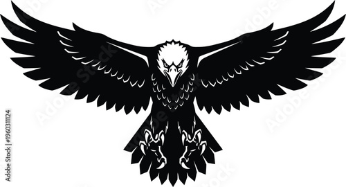 Bald eagle mascot vector illustration with spread wings and sharp talons featuring a powerful bird of prey for patriotic logo design