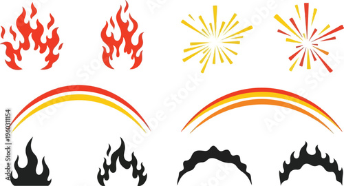 Set of fiery bursts and burning flames icons for graphic design and visual effects