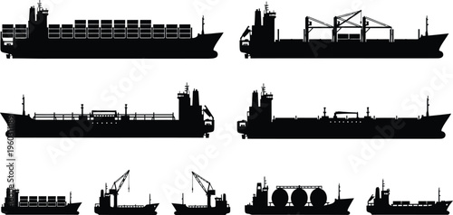 Set of black industrial cargo ship silhouettes featuring container vessels oil tankers and freight carriers for global maritime logistics and shipping