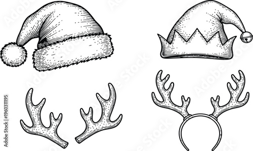 Hand drawn vintage style set of Christmas headwear featuring Santa hat elf cap and reindeer antlers headband for festive holiday celebrations