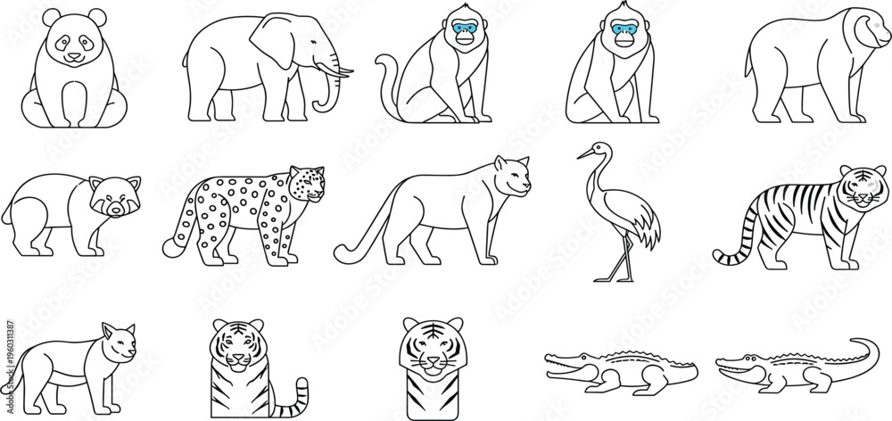 Fototapeta premium Wild Animal Line Icon Set with Panda, Elephant, Monkey, Bear, Tiger, Leopard, Crocodile, Crane, and Safari Wildlife Outline Vector Collection