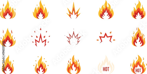 Collection of hot flame icons and sparks representing heat and energy for design
