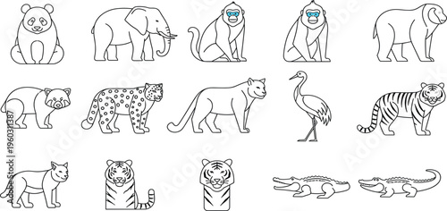Wild Animal Line Icon Set with Panda, Elephant, Monkey, Bear, Tiger, Leopard, Crocodile, Crane, and Safari Wildlife Outline Vector Collection