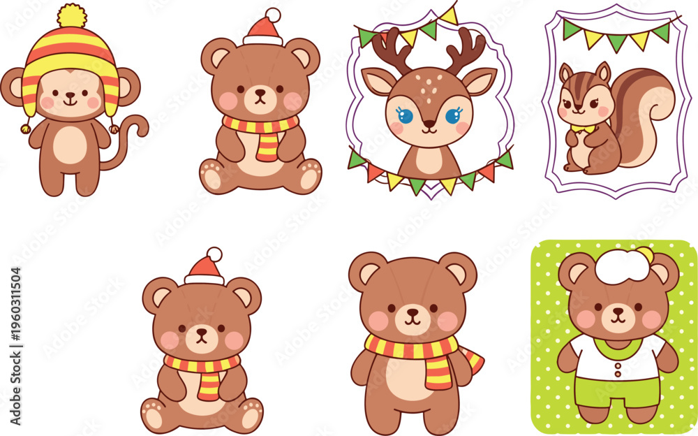 Fototapeta premium Cute forest animal character vector set with bear, monkey, deer and squirrel, kawaii cartoon collection with winter accessories isolated on white background illustration