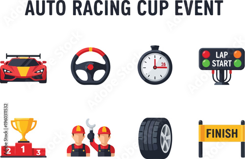 Auto Racing Cup Event Icons Car, Steering Wheel, Stopwatch, Lap Signal, Trophy, Mechanics, Tire, Finish Line
