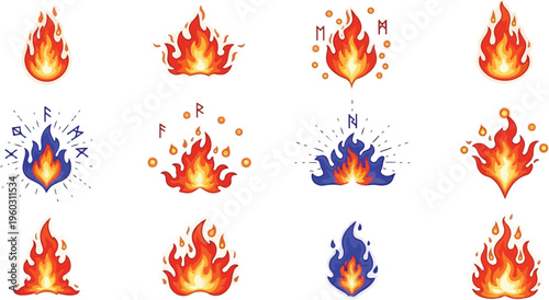 Collection of stylized flame icons representing fire, energy, and passion in various artistic interpretations