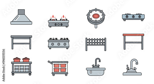 Graphic illustration set of various kitchen appliances and fixtures in gray and red on a white background.