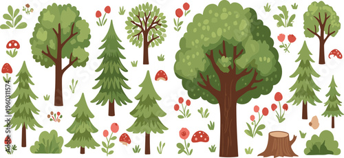Cute forest trees and plants vector set with pine oak mushrooms flowers and nature elements cartoon illustration isolated on white background