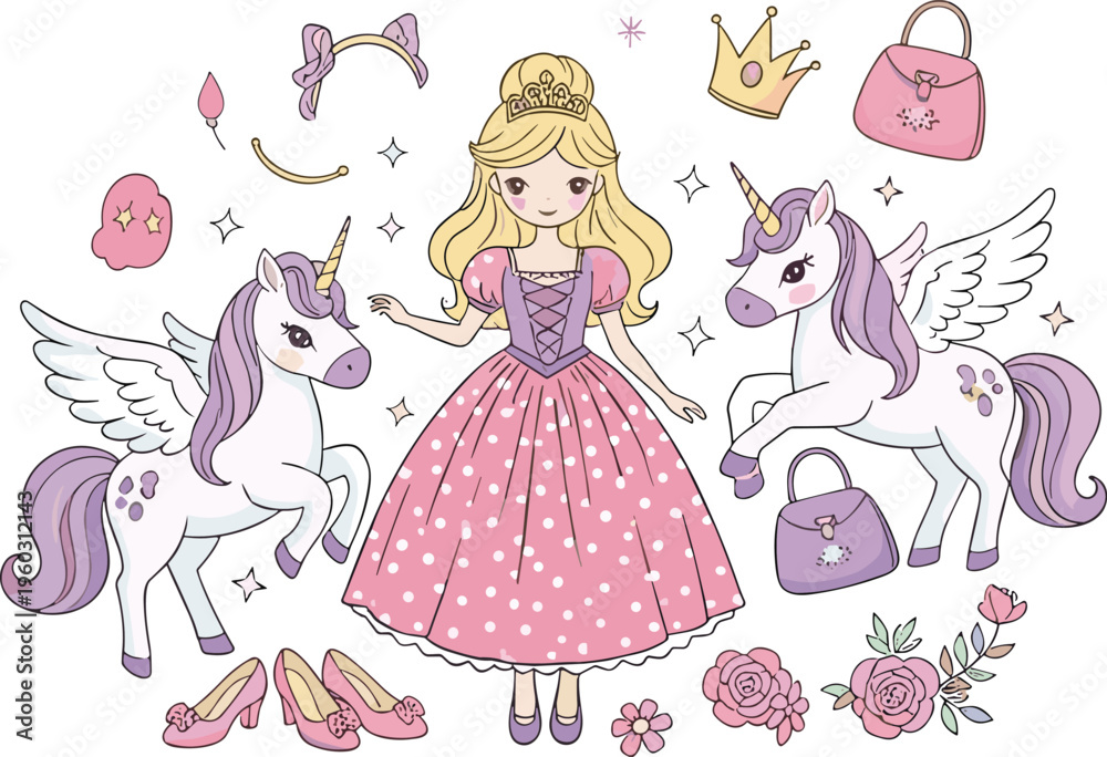 Fototapeta premium Cute princess and unicorn vector set with accessories crown bag shoes and magical elements cartoon illustration isolated on white background