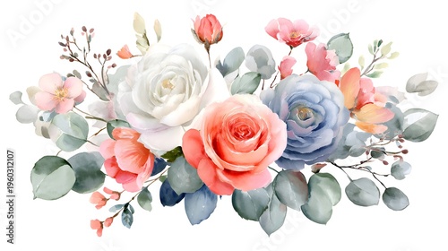 Beautiful Watercolor Floral Arrangement with Roses and Eucalyptus Leaves.
