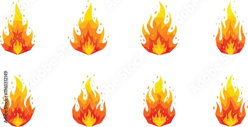 Set of eight vibrant animated fire icons, perfect for digital projects and design elements