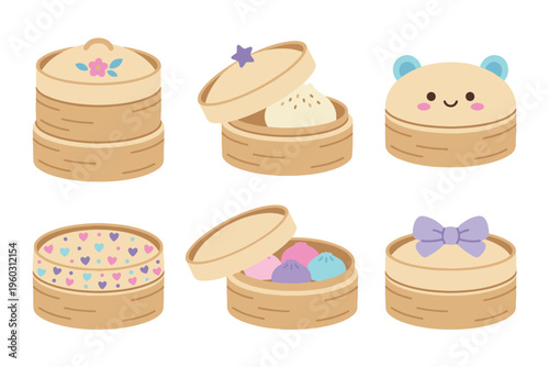 Cute Dim Sum and Steamer Basket Illustration Set with Dumplings and Bao