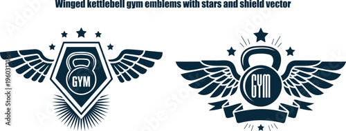 Two winged kettlebell gym emblems featuring stars, a shield, and a ribbon for fitness branding