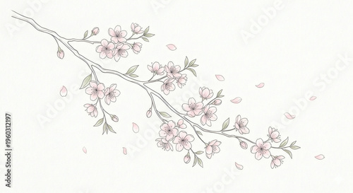 Cherry Blossom Branch Illustration with Soft Pastel Petals and Fine Line Art. Perfect for Spring Themes, Wedding Stationery, Branding and Backgrounds.