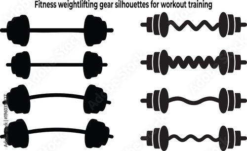 Collection of black fitness weightlifting gear silhouettes including straight and wavy barbells for training