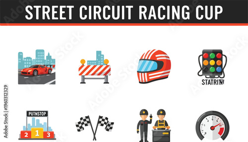 Street Circuit Racing Cup Competition Elements Vector Icons Set