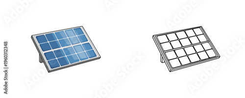 Drawn style vector illustration of a blue solar panel and its outline version on a white background, representing renewable energy, technology, or ecological concepts