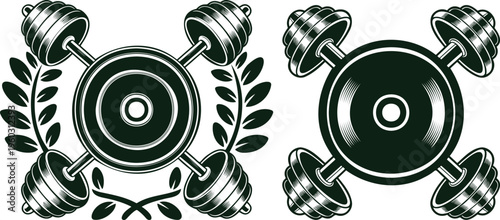 Green barbell and weight plate graphics adorned with laurel wreaths symbolizing athletic achievement and strength