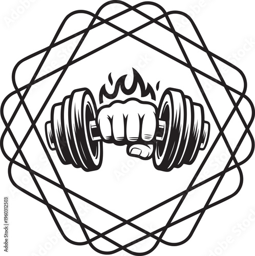 A strong clenched fist holding a dumbbell with flames, surrounded by an intricate geometric line shape