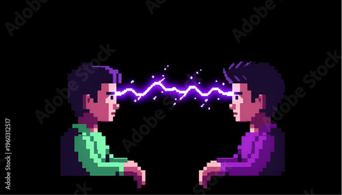 Two Men with Telepathic Connection Pixel Art Illustration - Mental Communication and Brain Waves Concept