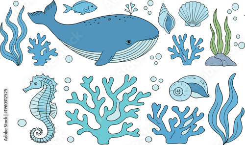 Cute whale and underwater elements vector set with seahorse, coral and shells, marine life illustration collection isolated on white background