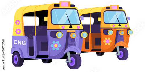 Colorful auto rickshaws with flower patterns designed for urban public transport in city streets Vector