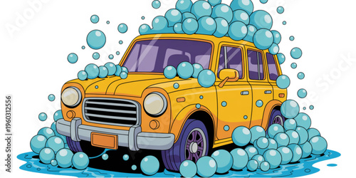 A vibrant yellow vintage car undergoing a deep cleaning process covered in many large blue soap bubbles Vector