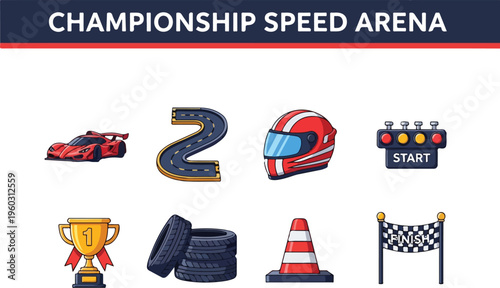 Collection of racing sport icons, including a race car, helmet, trophy, and checkered flag