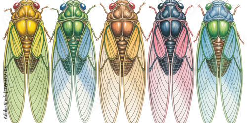 Five colorful cicada insects arranged in a row showing diverse vibrant body and wing patterns Vector