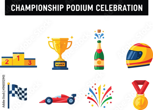 Collection of Championship Race Day Icons, Including Cars, Helmets, and Race Tracks