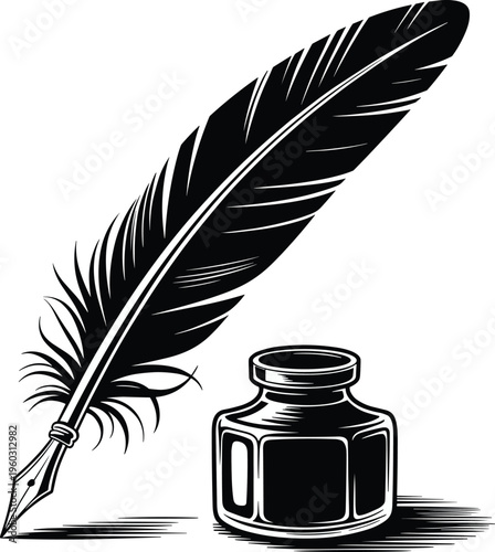 Feather quill pen and ink bottle black and white vector on white background.