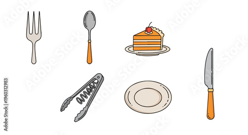 Flat lay illustration of a cake with a cherry on top, plate, fork, spoon, knife, and tongs on a white background.