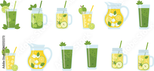 Fresh green smoothie and lemon drink vector set with jars, glasses and pitchers, healthy detox beverage collection isolated on white background illustration